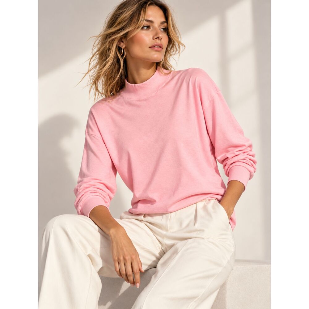 Vintage 80s 90s Bobbie Brooks Pink Mock Neck Sweatshirt Pullover Made in USA